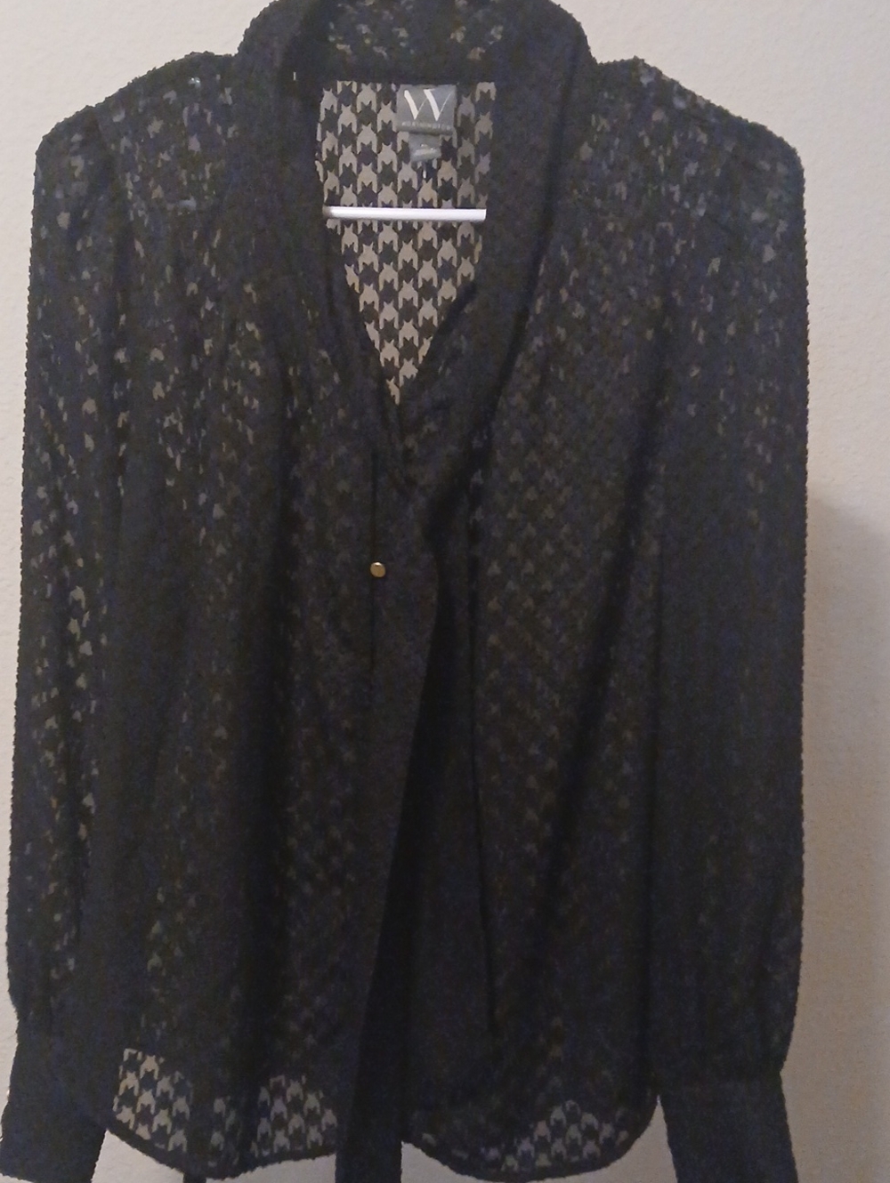 W by Worth Black Sheer Houndstooth Tie-Neck Blouse
